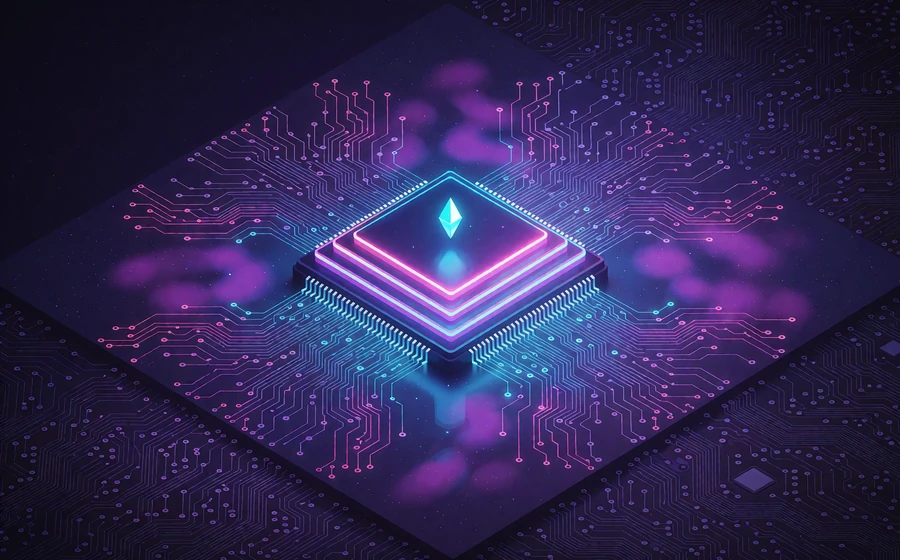 Neon microchip-platform i tre lag med sv&aelig;vende cyan krystal som symbol p&aring; VIP-niveauer hos V.Vegas