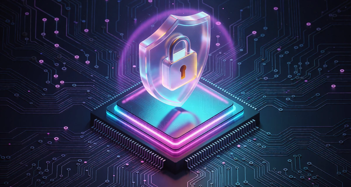 Neon-skjold med h&aelig;ngel&aring;s sv&aelig;ver over en isometrisk microchip som symbol p&aring; KYC-verifikation hos V.Vegas