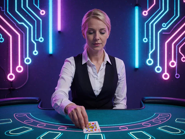 Blackjack-dealer i hvid skjorte og vest deler et kort ud p&aring; gr&oslash;nt filtbord i live studie