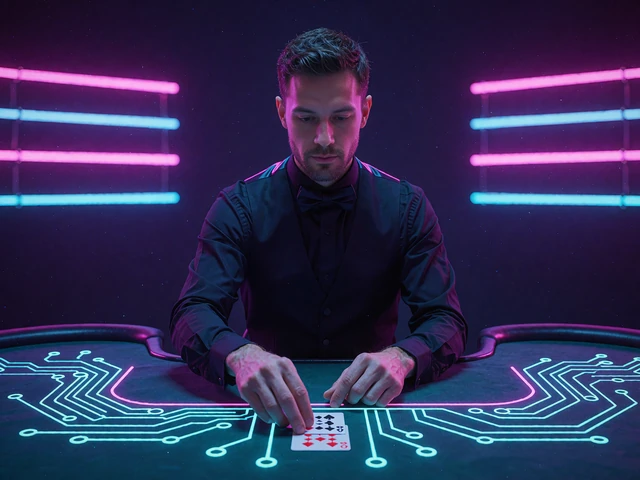 Mandlig dealer i vest og butterfly vender et kort p&aring; et gr&oslash;nt filtbord i et neonbelyst live casino-studie