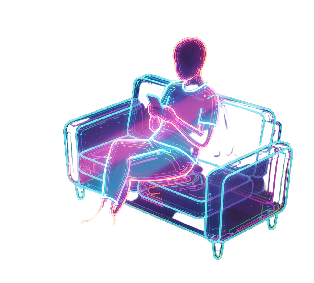 Neon-kontur af en person, der slapper af i en sofa og spiller p&aring; mobilen hos V.Vegas Casino