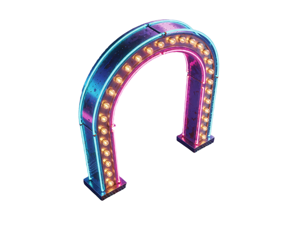Retro marquee-bue med r&aelig;kker af gyldne p&aelig;rer og cyan og magenta neonr&oslash;r som symbol p&aring; V.Vegas' neon Vegas-nat