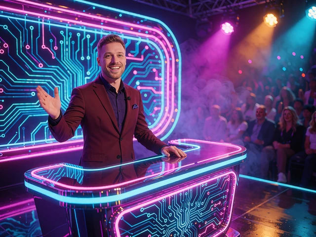 Smilende gameshow-v&aelig;rt i bordeauxfarvet blazer ved et neonoplyst v&aelig;rtsbord i et live casino-studie