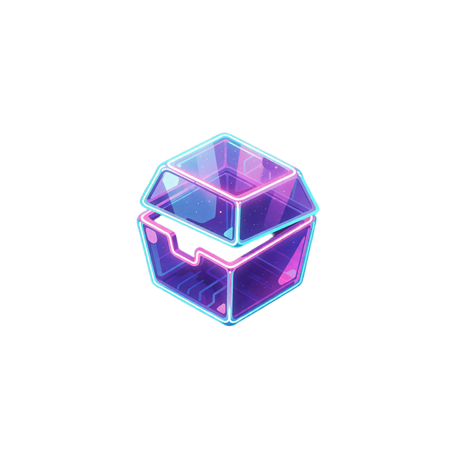 Sv&aelig;vende violet glas-lootbox med &aring;bent l&aring;g og lysstr&aring;ler i cyan og pink, symbol p&aring; Loot Boxes hos V.Vegas