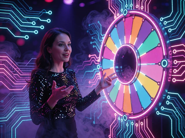 Gameshow-v&aelig;rt i pailletoverdel peger mod et stort lysende pr&aelig;miehjul i et live casino-gameshow