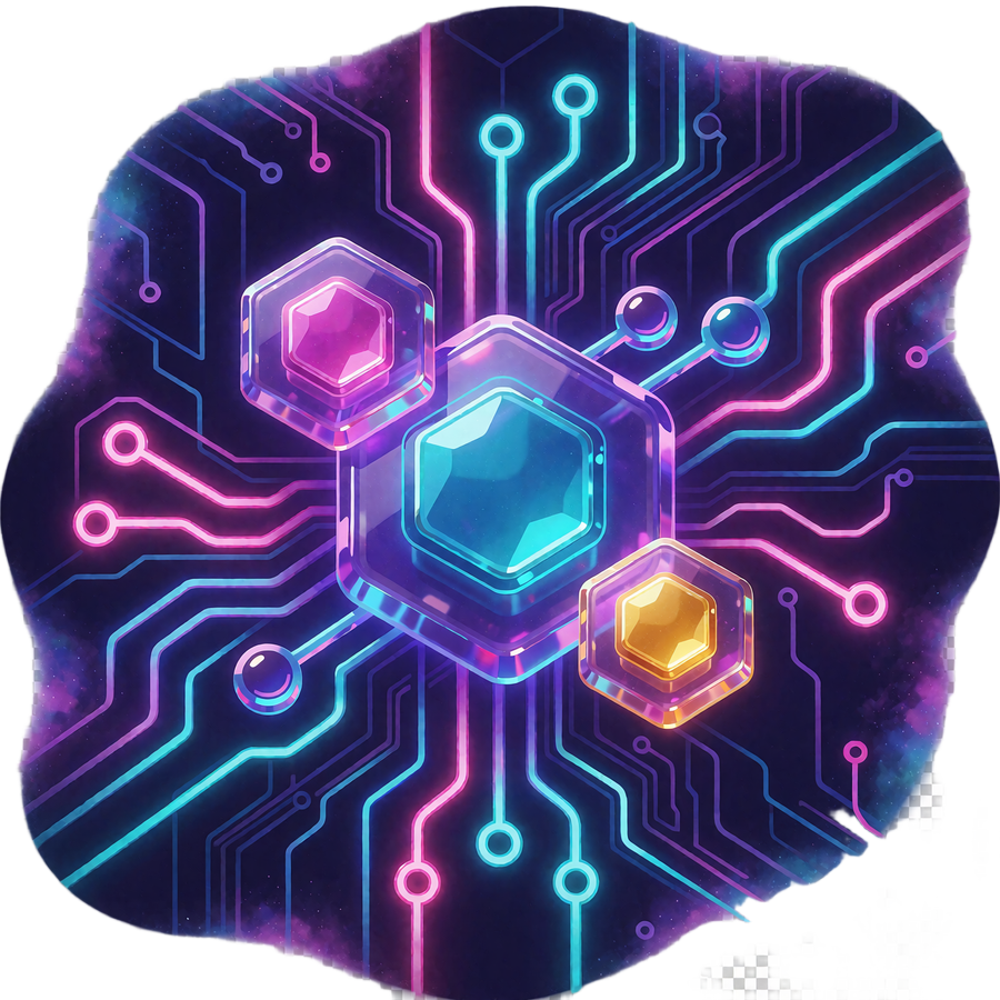 Tre sekskantede neon-badges i violet glas med cyan, magenta og guld kerne, symboler p&aring; VIP-bel&oslash;nninger