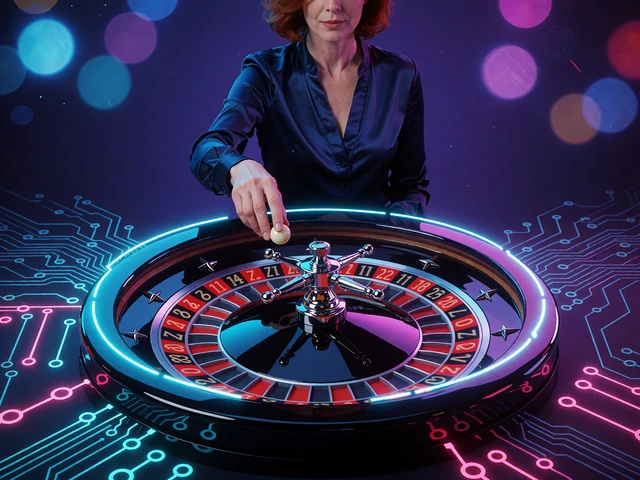 Kvindelig croupier i bl&aring; satinbluse slipper kuglen i et roulettehjul med lysbuer i et live casino
